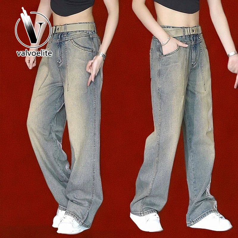 VALVOELITE男士高街百搭休闲阔腿裤秋季男美式复古宽松直筒牛仔裤