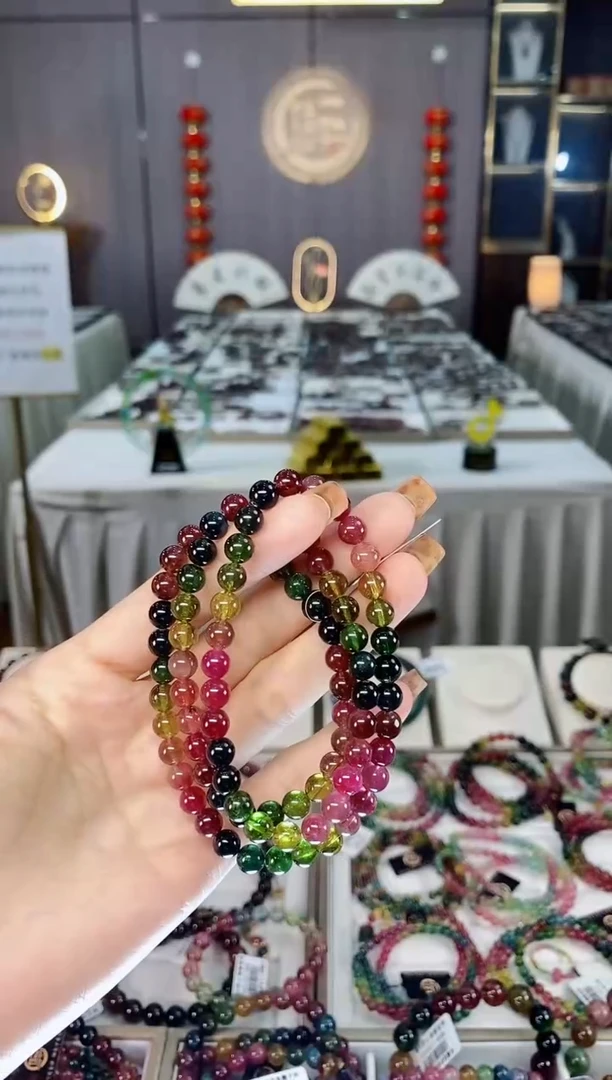 未镶嵌老矿碧玺色标彩虹透体三圈手串6mm+碧玺dan多样性发货一条