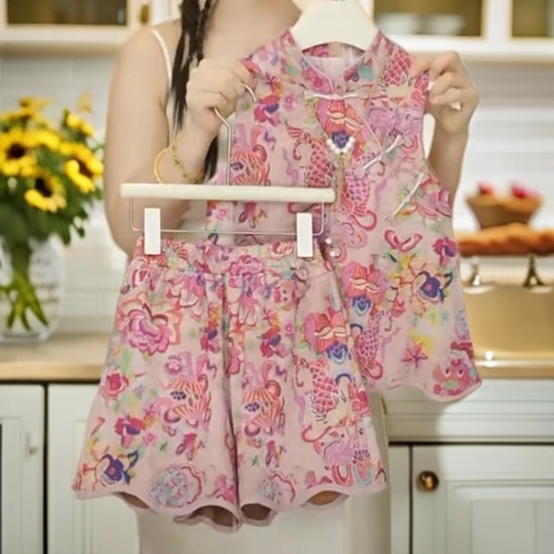 女童国风背心短袖套装夏季2025新款新中式花边无袖上衣复古两件套