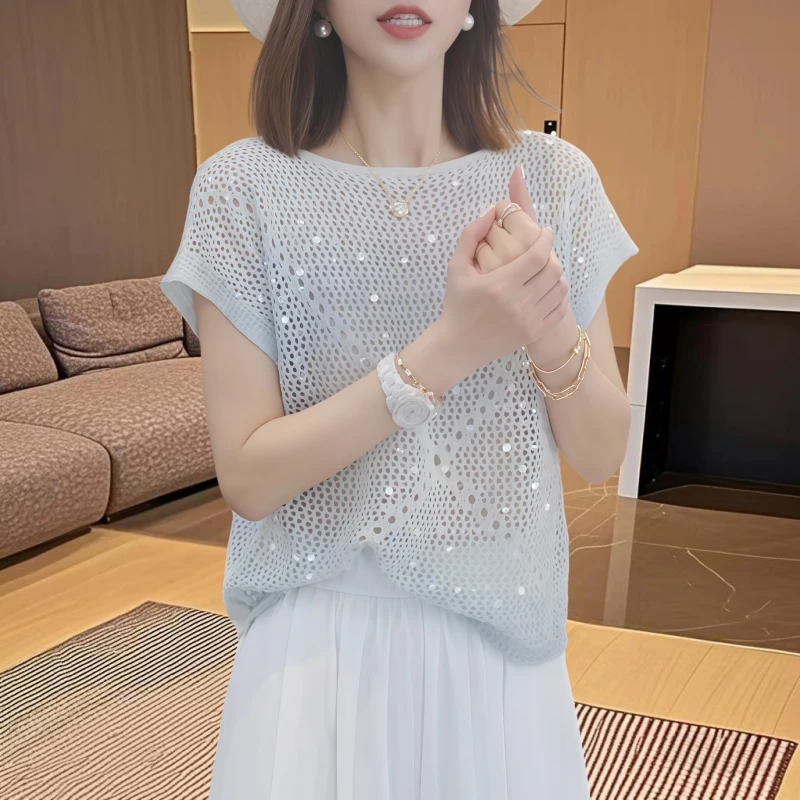 夏季镂空亮片针织短袖女小众设计感时尚洋气显瘦减龄冰丝空调罩衫