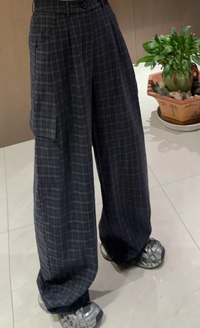 撞色格子拖地工装阔腿裤女欧洲站2025秋装新款欧货女装休闲裤子潮