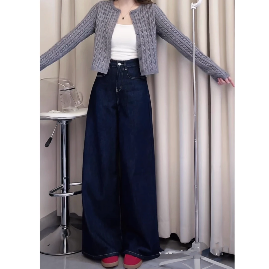 [专属现货]四季新款丹宁蓝直筒阔腿牛仔裤女设计感大码