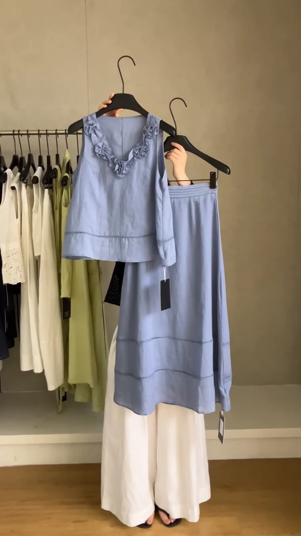 温柔优雅气质蓝色木耳边V领背心高腰A字半身裙套装女2025夏季新款