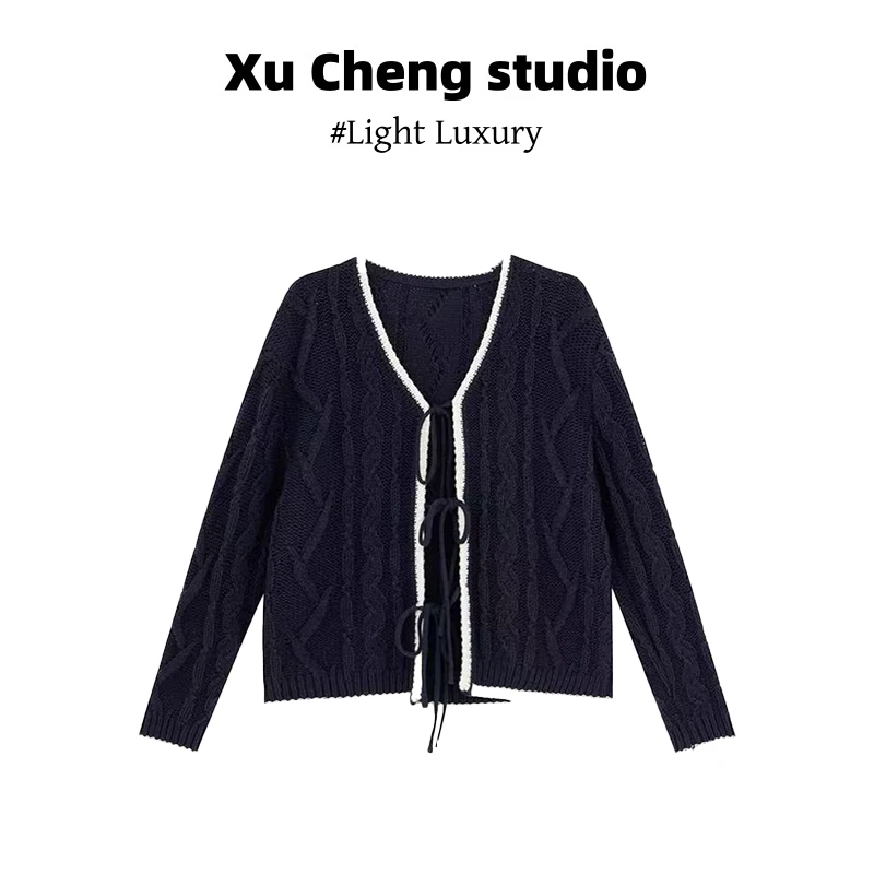 Xu Cheng清冷系衣服秋季宽松麻花撞色绑带针织开衫休闲显瘦上衣