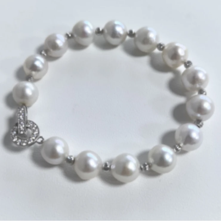 爆闪淡水白亮圆巴极光氛围感珍珠手链9-11mm