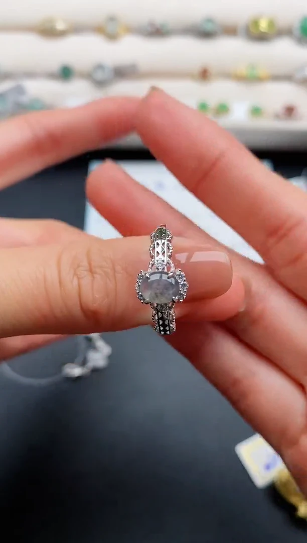 银S925镶嵌戒指翡翠天然缅甸A货翡翠22  4-6