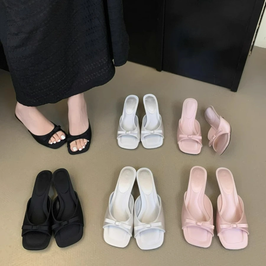 配裙子高跟凉鞋鞋子仙女鞋夏季款晚风法式蝴蝶结高跟鞋银色凉拖鞋