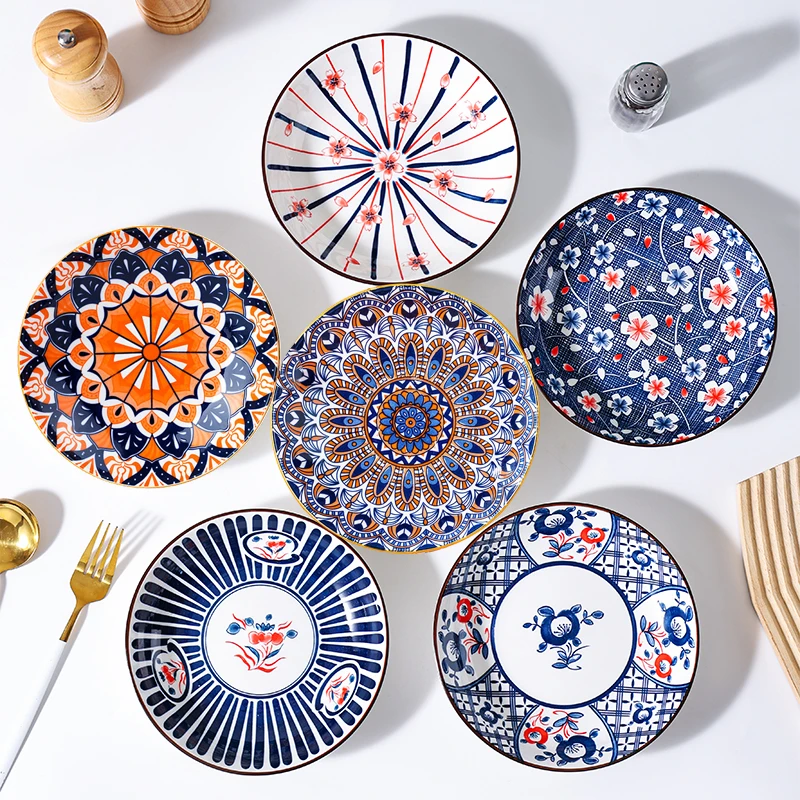 外贸复古6个7英寸深盘（混搭）加厚陶瓷餐具
