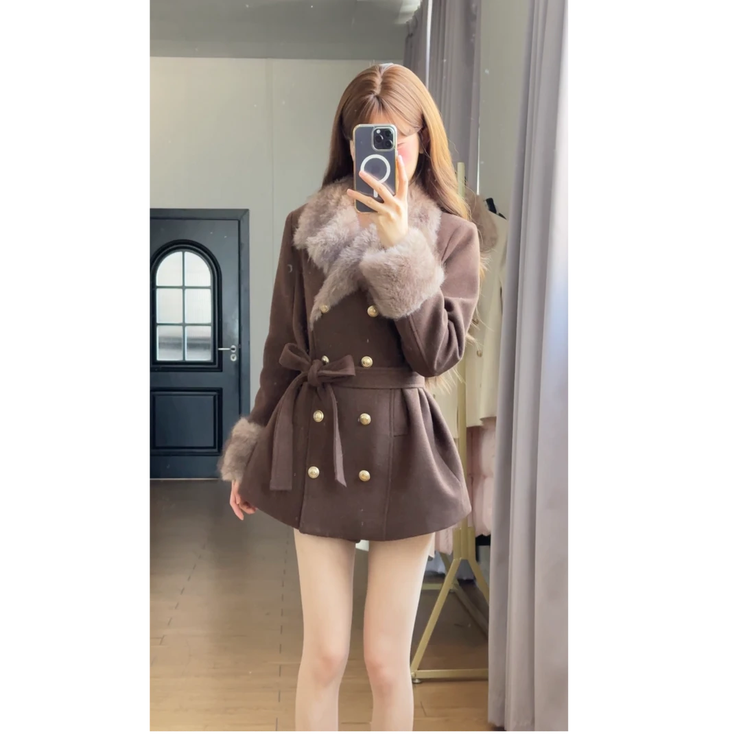 小小仟 古着秀场系带收腰显瘦毛呢外套千金氛围感