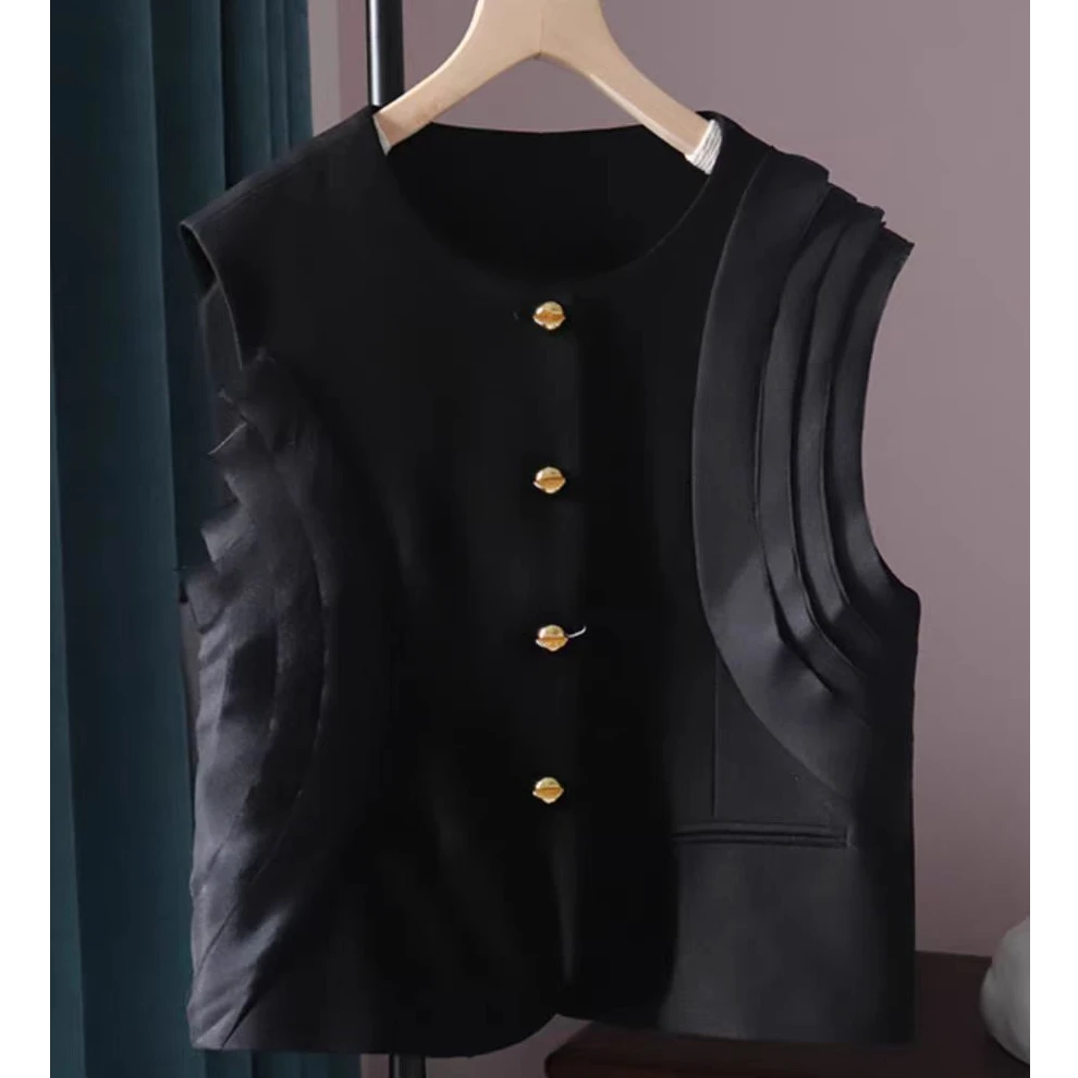 2025新款欧货小香风外披黑色坎肩堆堆袖马甲短外套