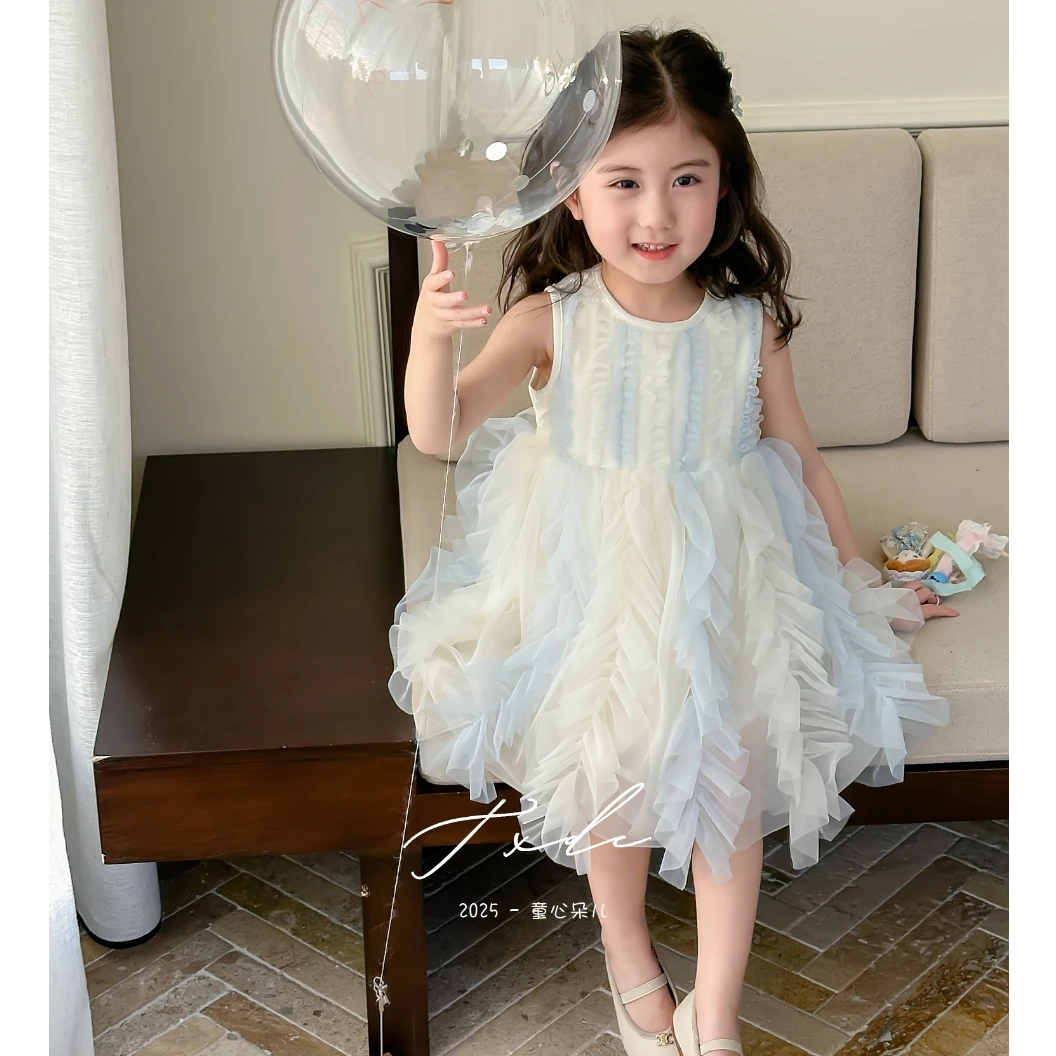 原创重工女童夏季洋气蓝色彩虹周岁生日公主无袖蓬蓬连衣裙170