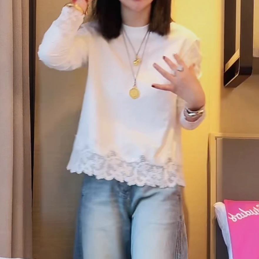 设计感拼接蕾丝长袖T恤女2025季夏新款百搭宽松显瘦白色圆领上衣