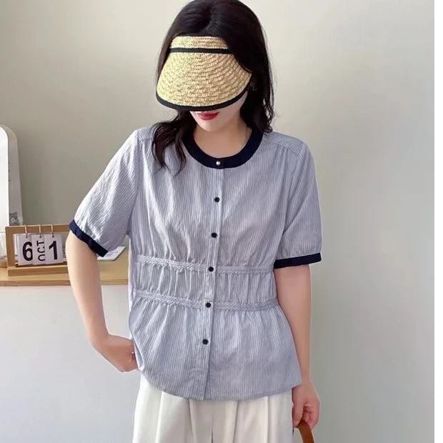 2025春夏新款条纹显瘦收腰撞色减龄气质短袖衬衫  衣长60