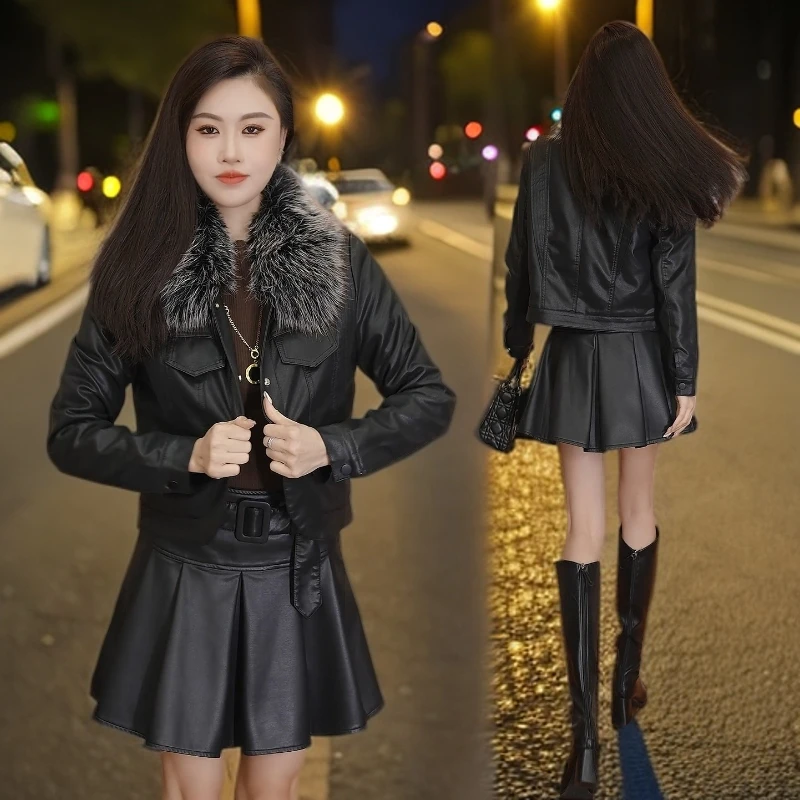 时尚洋气短外套女2025秋冬新款加绒加厚PU皮皮衣小个子穿搭一整套