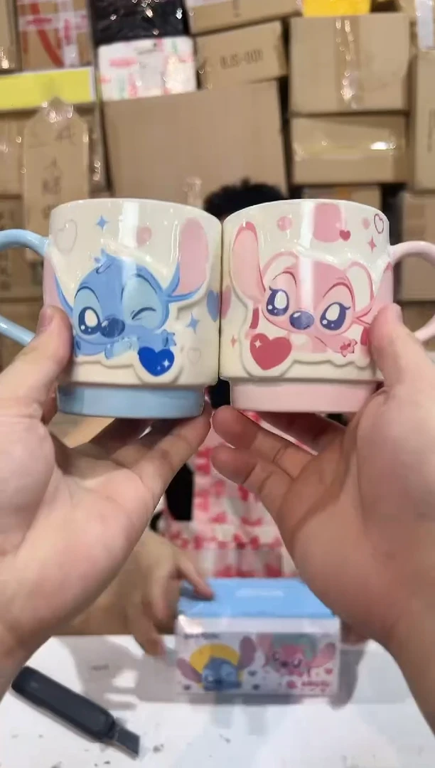 瓷片Q版原盒史迪仔安琪叠叠对杯