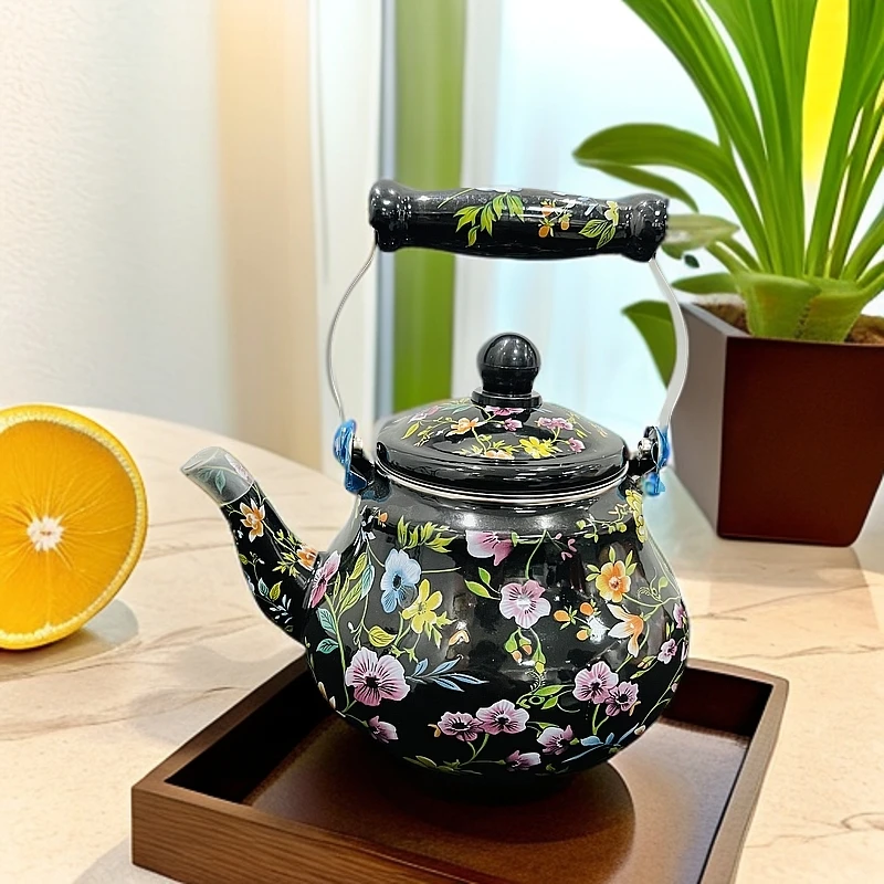 新疆包邮【1.5L碎花黑壶】加厚珐琅搪瓷茶壶黑底花带滤网家用烧水壶