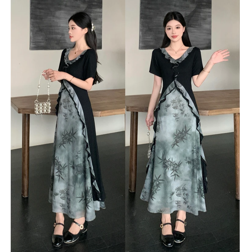 大码国风汉服气质假两件连衣裙夏季显瘦清冷气质改良晕染长裙