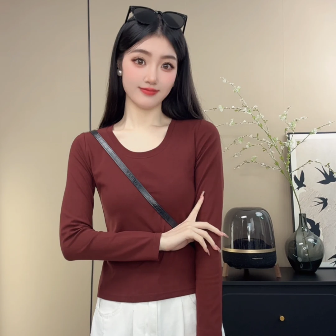 百搭长袖打底衫T恤女秋季新款U领修身显瘦减龄遮肚大衣内搭上衣服