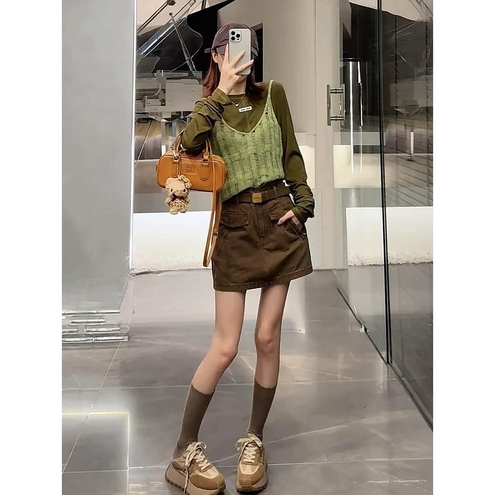 韩系早秋穿搭一整套时尚chic高级感休闲超好看绿色上衣马甲套装女