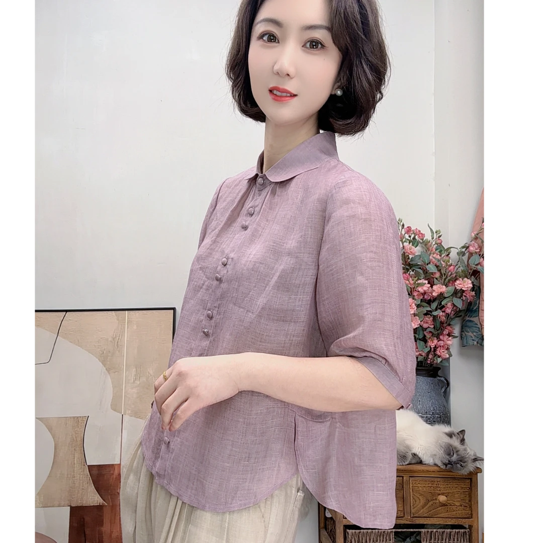 夏季2025新款纯苎麻短袖衬衫女宽松百搭文艺清爽透气五分袖衬衫