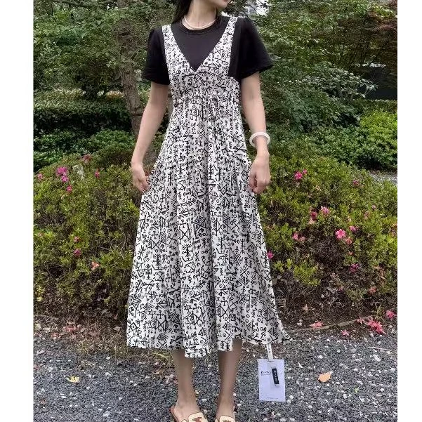 【KOBO】D052401 连衣裙女2025夏新款气质显瘦小个子假两件中长裙