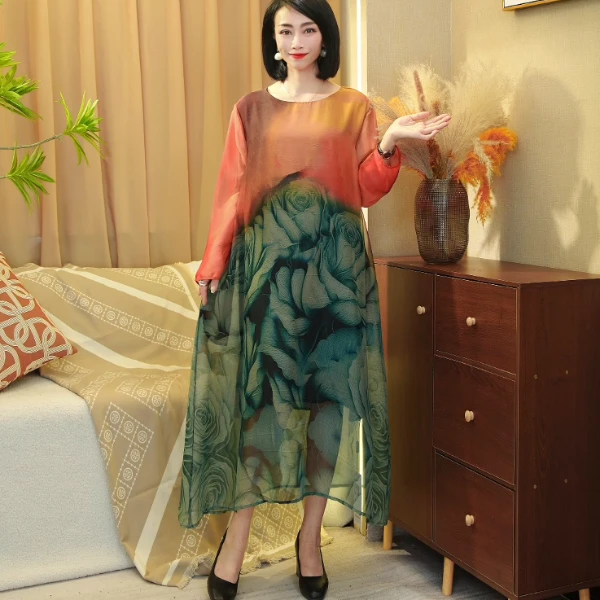 2577桔【桑蚕丝/设计款】现-2025年早春新款时尚百搭宽松显瘦连衣裙