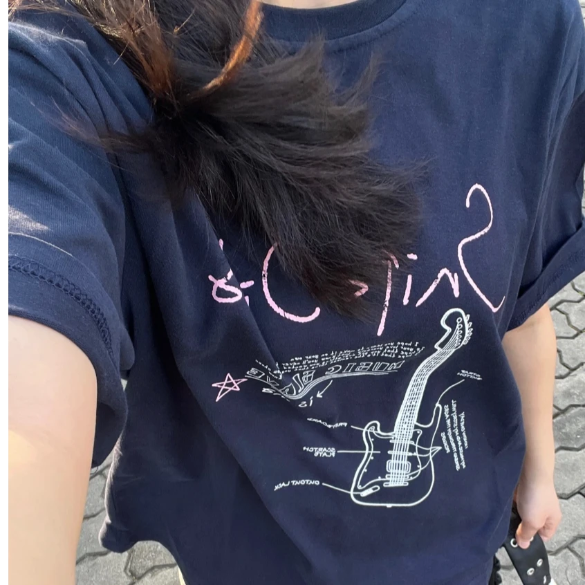 复古美式宽松2025夏季新款字母蝴蝶结印花圆领情侣正肩T恤女