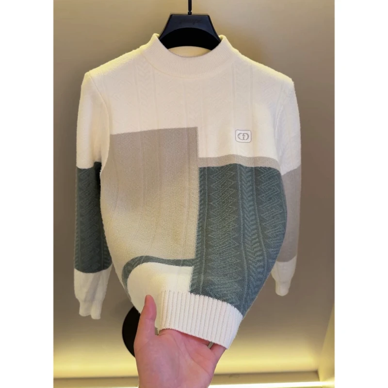 高档半高领提花针织衫毛衣男士冬季时尚加厚保暖打底衫男装9265