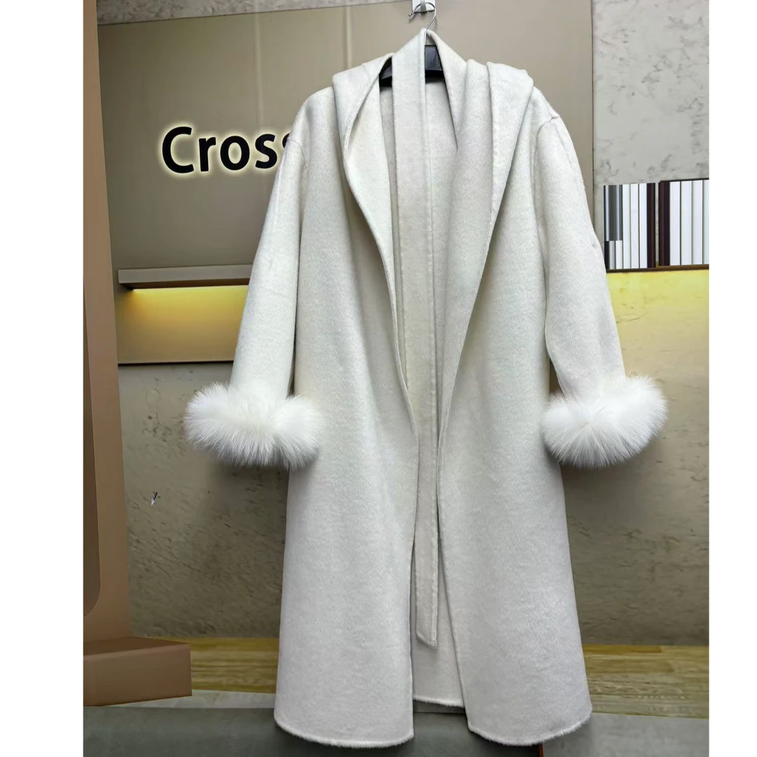 2024狐狸毛袖高端新款羊毛长款连帽秋冬宽松毛呢双面外套羊毛大衣