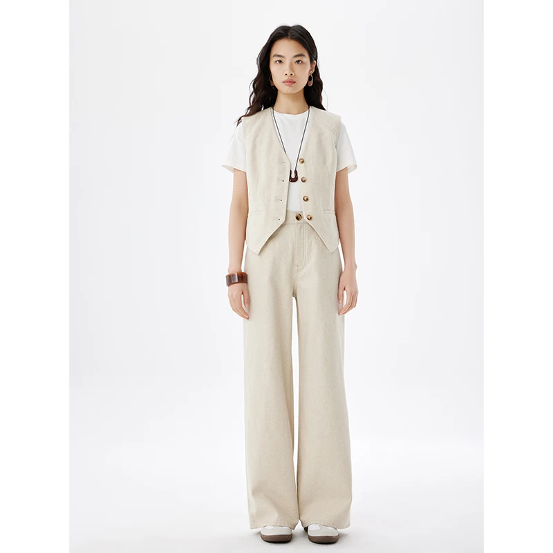 悉妍 原创棉麻面料密合杏色高腰窄版直筒牛仔裤女套装马甲718