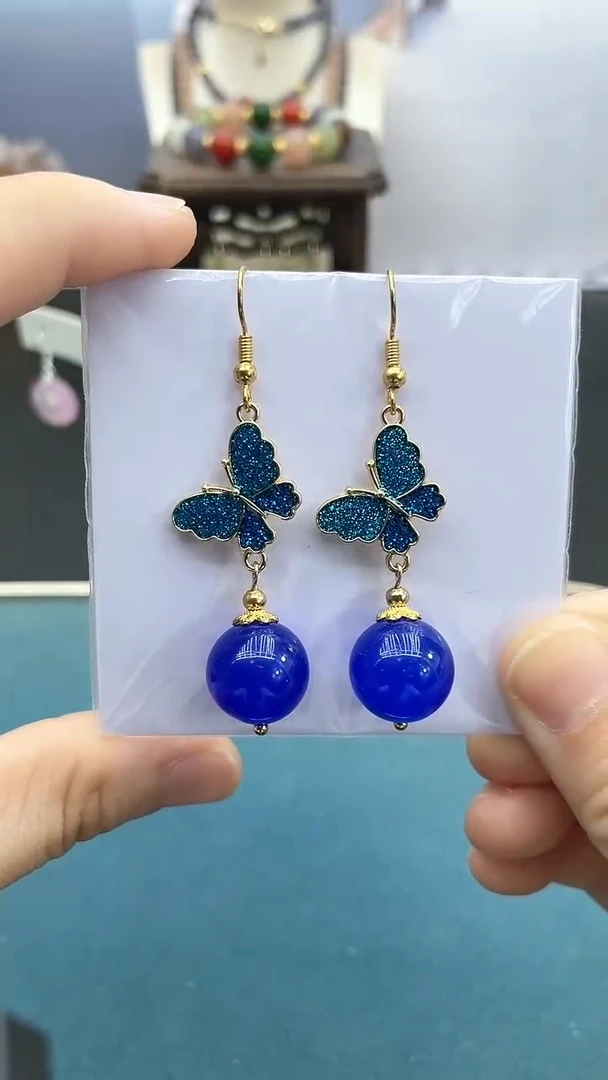 玛瑙/玉髓耳饰14K金镶嵌蓝色蝴蝶