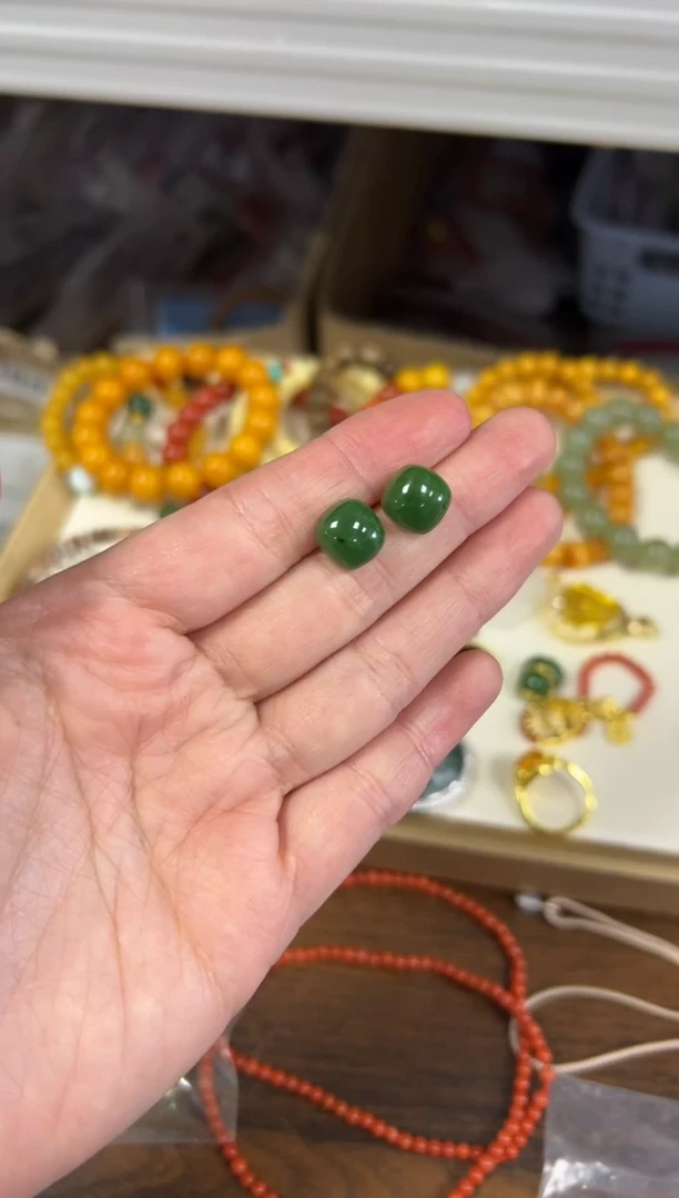 银S925镶嵌和田玉耳饰和田玉碧玉小馒头方块银耳钉[35]