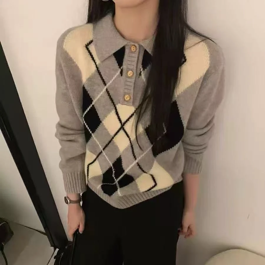 学院风2025秋冬新款方领菱形提花针织衫百搭宽松套头女1514