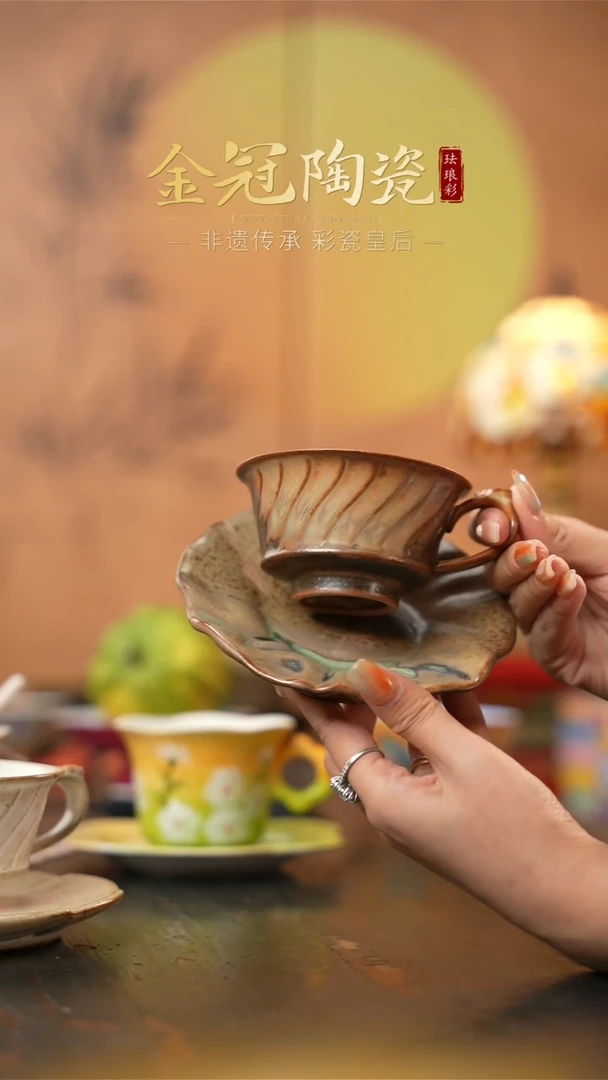 陶瓷落灰烧咖啡杯 一杯一碟 【巧克力色】/