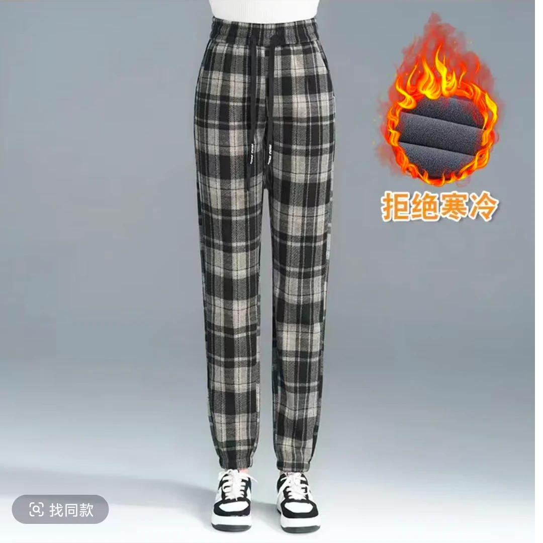 1335款爆款百搭格子裤高腰宽松显瘦束脚哈伦裤洋气时尚休闲裤韩版