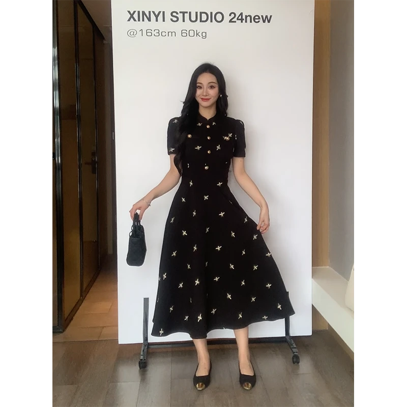 XINYI【蜜蜂金线】春季刺绣连衣裙收腰显瘦气质裙子X624Q02904