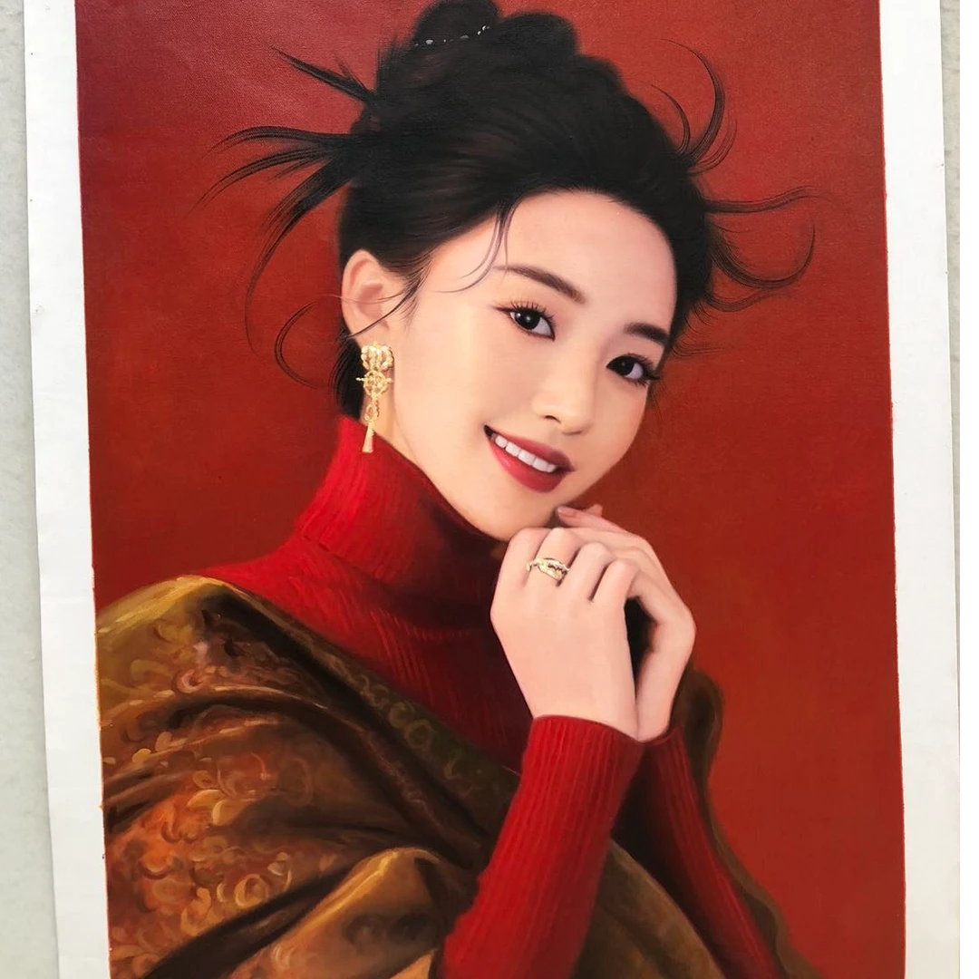 林彦新 ***都市丽人-红毛衣-约60*90厘米-手绘油画-麻布
