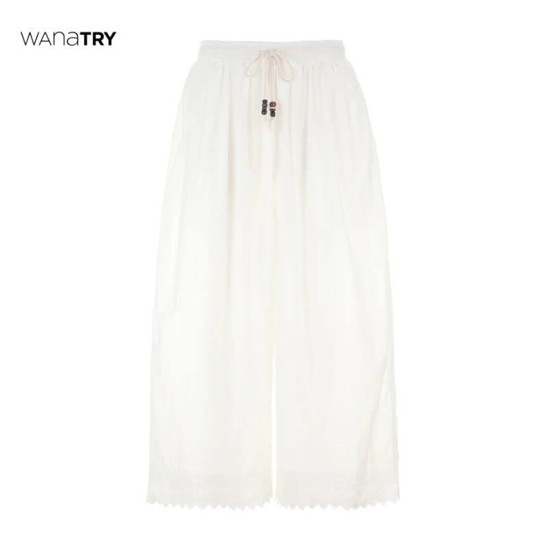 Wana Try 月白浮雕慵懒感刺绣花边阔腿裤（内里半衬）【达人】