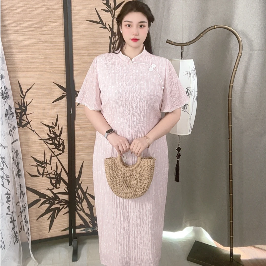 码加加盼棠梨晚-51162胖MM新中式国风改良旗袍粉色新款大码连衣裙