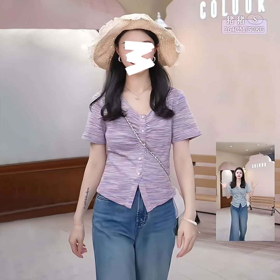 卡莲格/大码女装T恤修身开叉V领纱线针织短袖夏季韩系风开叉上衣