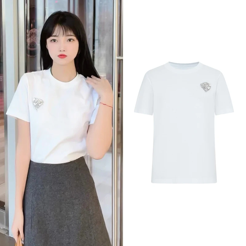 24121春装新品2025年春季爱心钉钻刺绣短袖棉质T恤女上衣百搭圆领