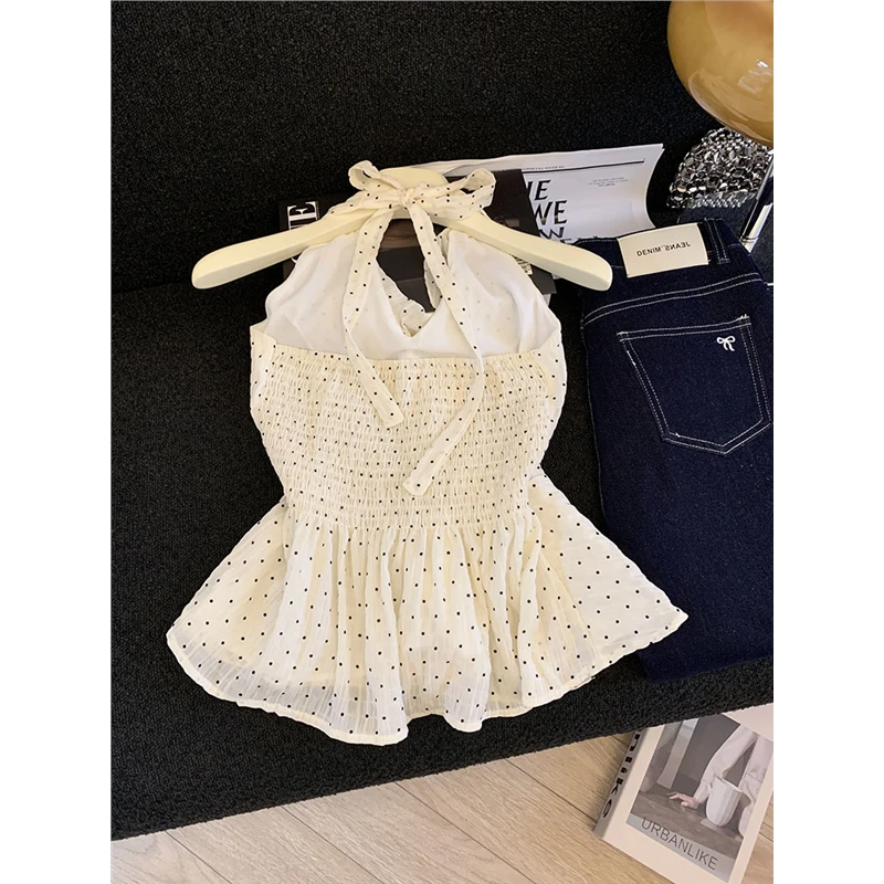 miu风荷叶边挂脖波点背心女夏2025海边度假风吊带无袖裙摆小上衣