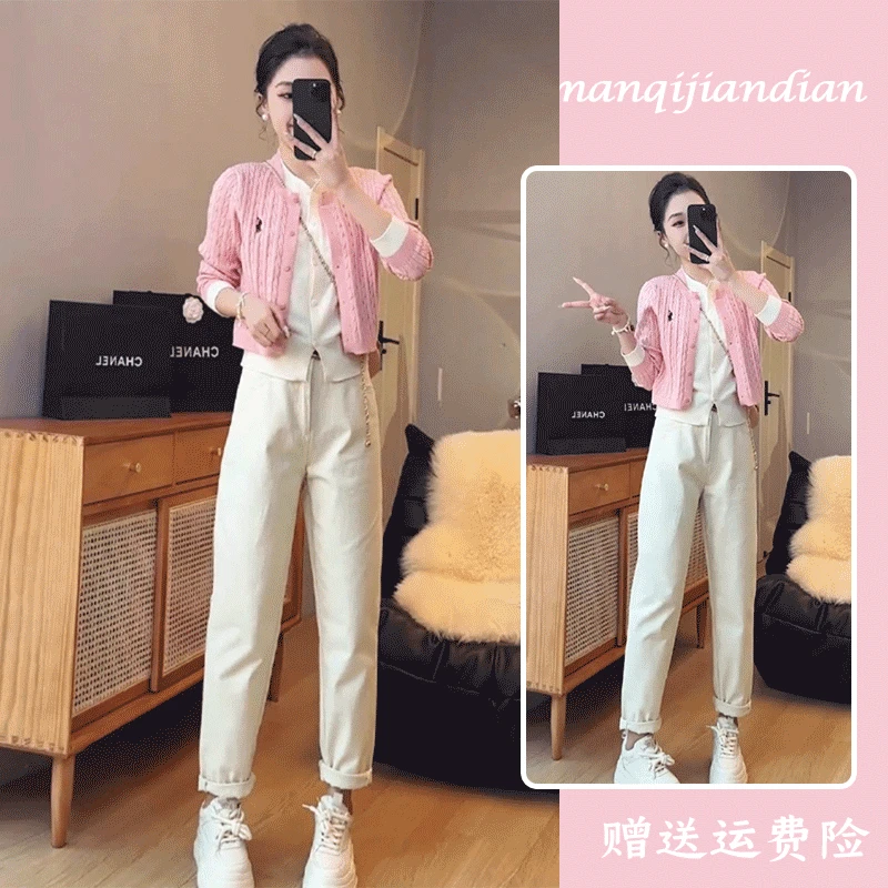 休闲简约刺绣假两件针织开衫女秋季新款洋气撞色上衣牛仔裤两件套
