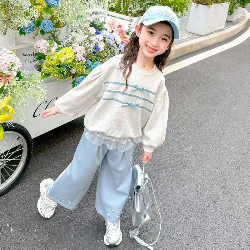 女童春款套装春秋2025新款女童时髦女宝宝长袖休闲花边春装两件套