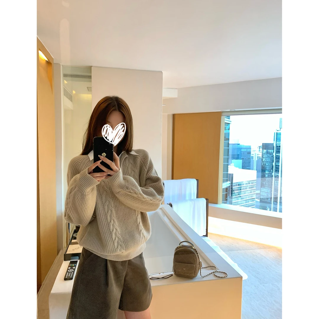 毛衣女韩系学院风假两件翻领绞花套头秋冬慵懒风气质宽松长袖上衣