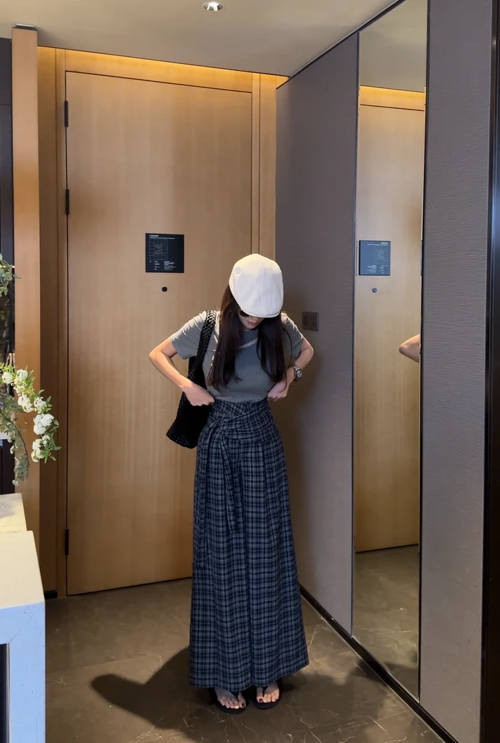 利达NEW DADADA冰丝阔腿裤薄款高腰垂感格子雪纺休闲裤子SDK2150