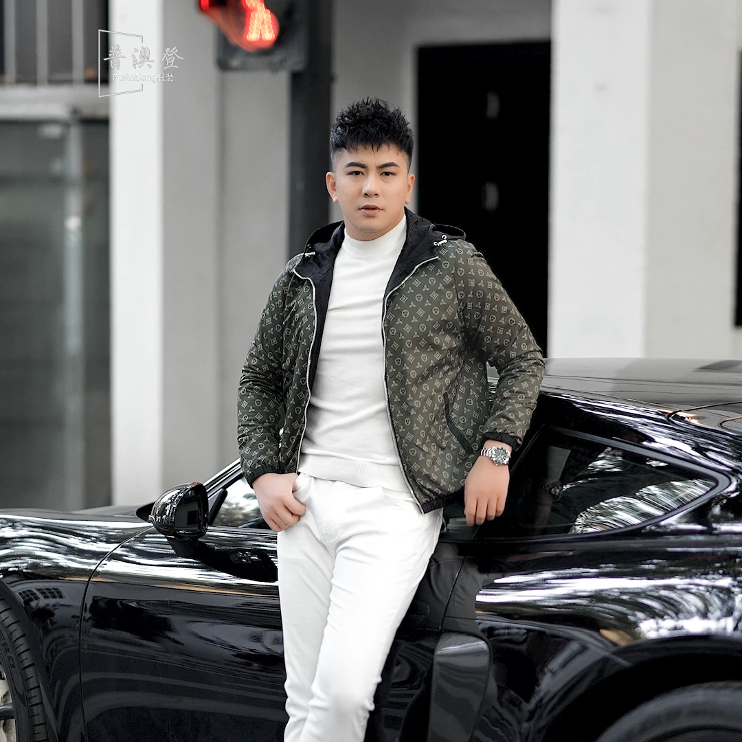 2025春季新款时尚潮流百搭修身老花字母双面连帽男士休闲夹克外套