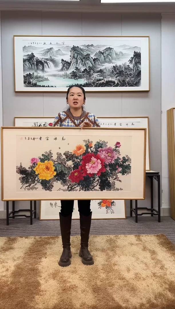 国画手绘牡丹122*62尺寸