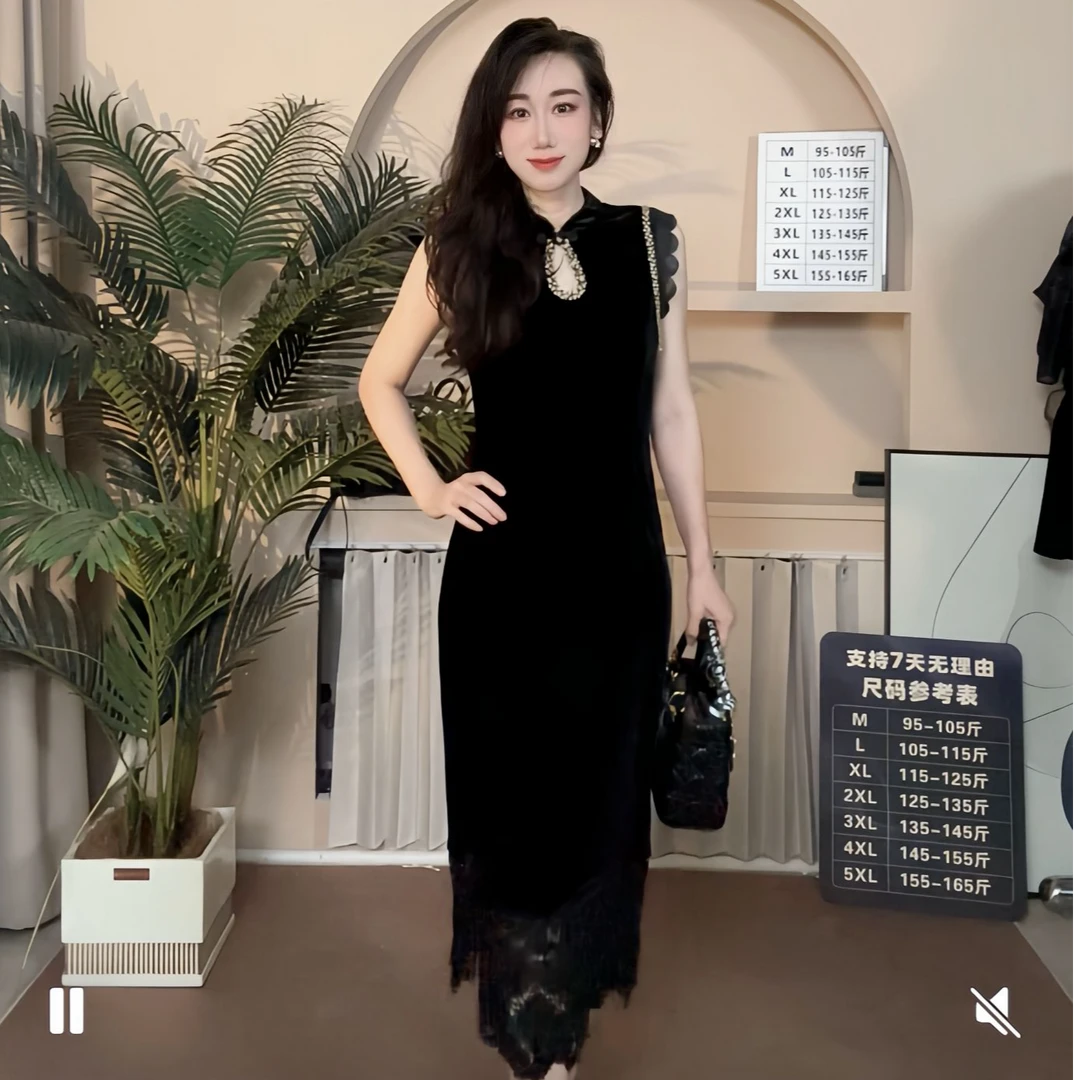 夏季新款新中式重工水滴领无袖气质连衣裙