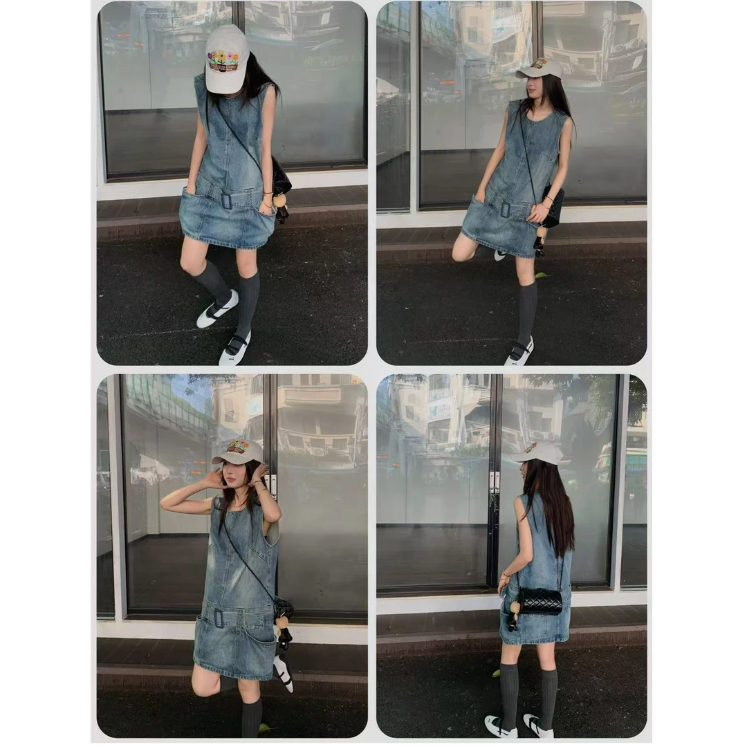 白白家-【明媚假日】博主感复古牛仔连衣裙低腰线牛仔裙#0900